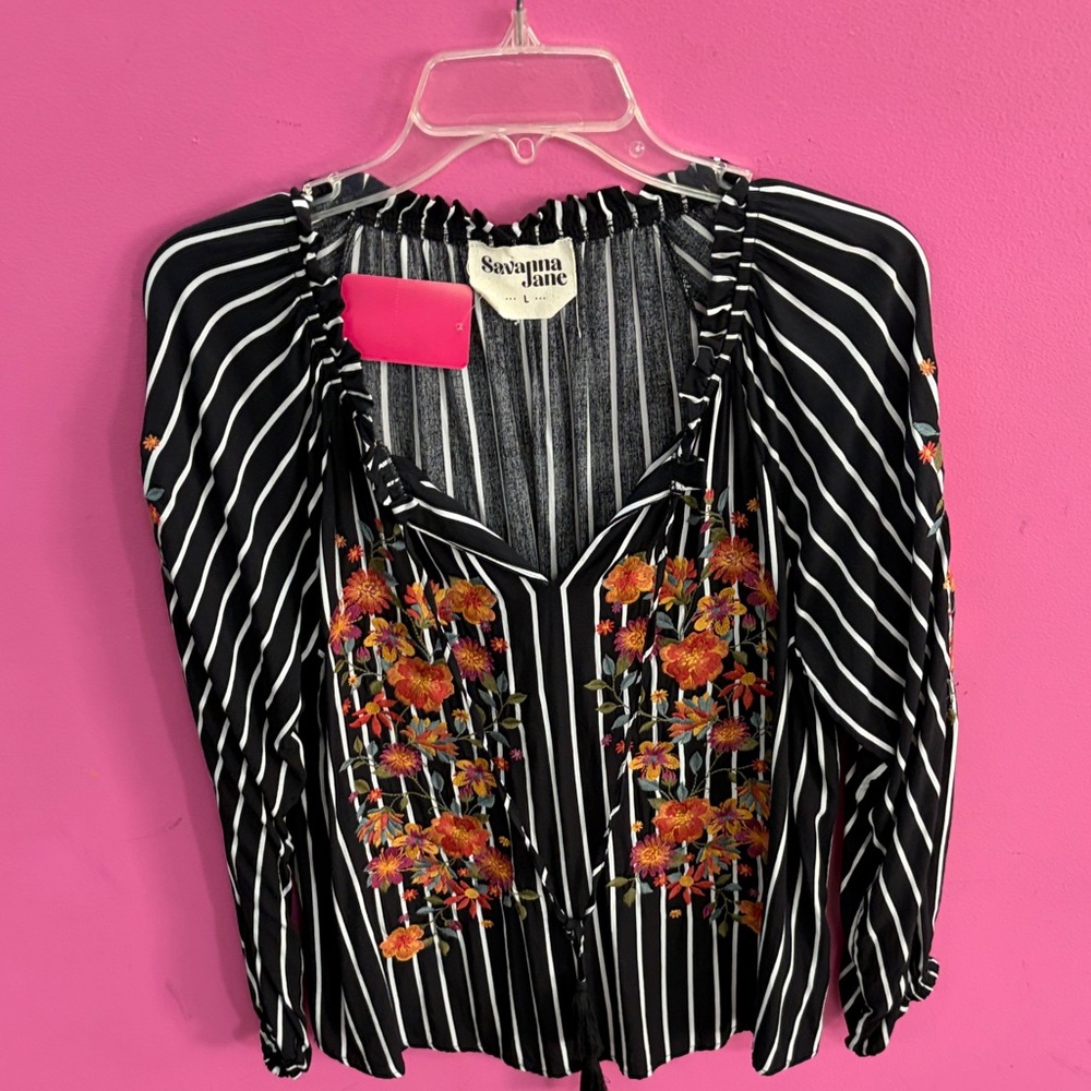Savanna Jane Black Striped Blouse with Orange Floral Embroidery